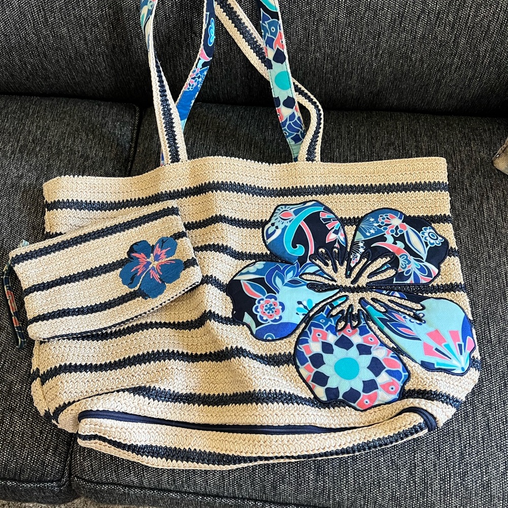 Vera Bradley Lotus Flower Swirl Print Seashore Beach Bag w/Zip Bottom & clutch